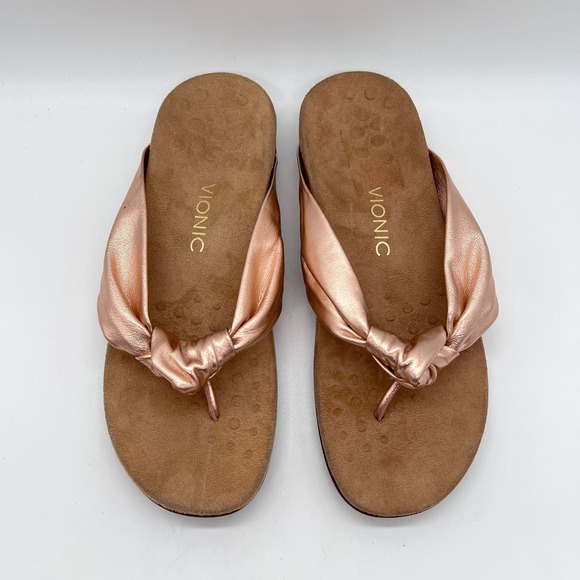 VIONIC Pippa Toe Post Sandal Womens 10 Rose Gold Leather Knotted Flip Flop Thong - Picture 3 of 14